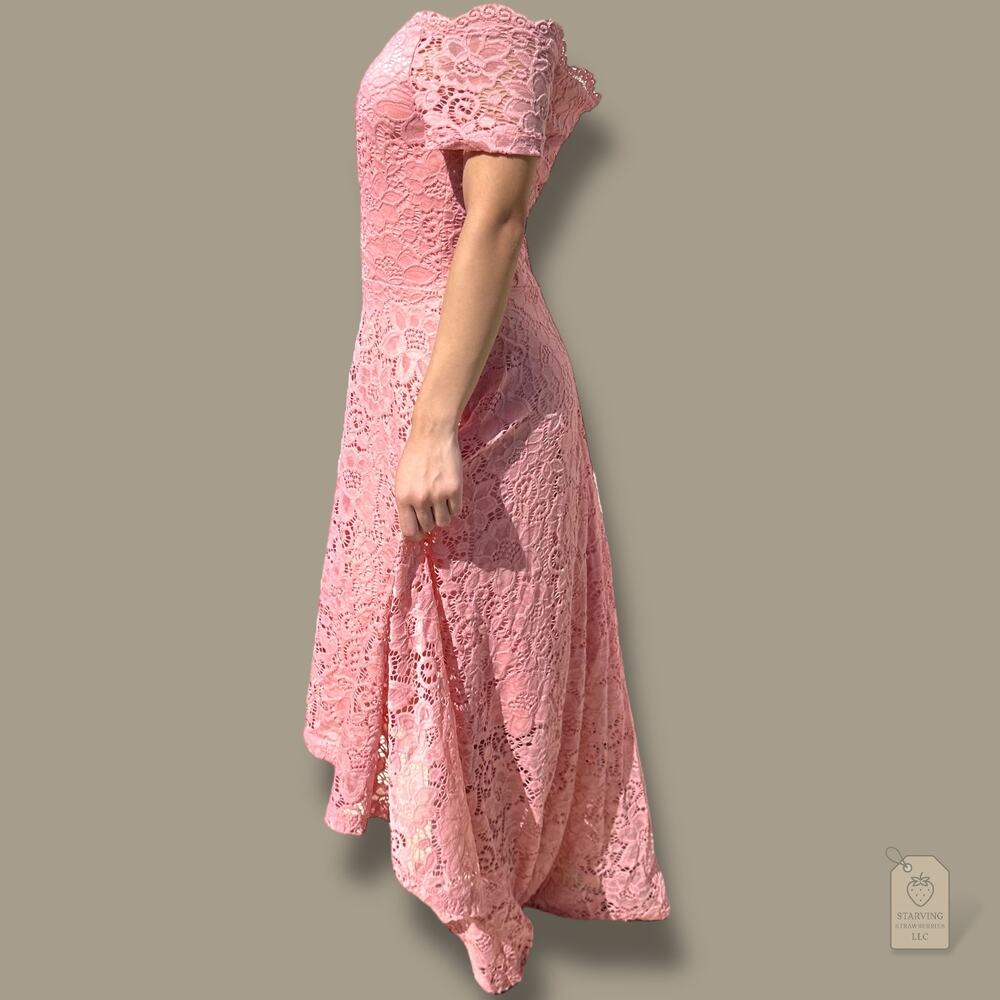 Dressystar Blush Pink Lace Hi-Lo Dress XS Off Shoulder Cocktail Wedding Guest - Picture 3 of 6
